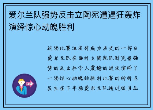 爱尔兰队强势反击立陶宛遭遇狂轰炸演绎惊心动魄胜利